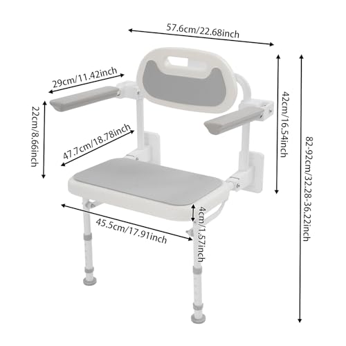 Folding Shower Seat Wall Mounted,18" W Adjustable Height Foldable Shower Chair with Armrests and Backrest Bath Stool Supports 264lbs for Adults Seniors Disabled Home Care
