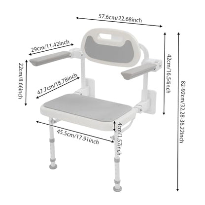 Folding Shower Seat Wall Mounted,18" W Adjustable Height Foldable Shower Chair with Armrests and Backrest Bath Stool Supports 264lbs for Adults Seniors Disabled Home Care