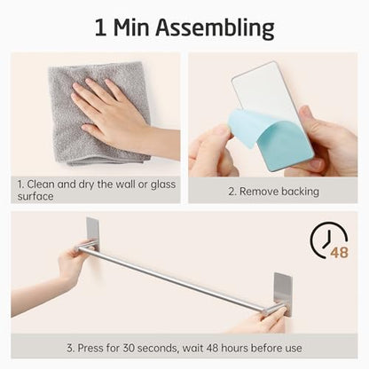 KES Self Adhesive Bathroom Towel Bar, No Drill Towel Bar 24-Inch for Bathroom Towel Hangers Stick on Sticky Towel Holder SUS304 Stainless Steel Rustproof Brushed Finish, A7000S60B-2 - color: Grey (Brushed Finish), size: 23.6-Inch