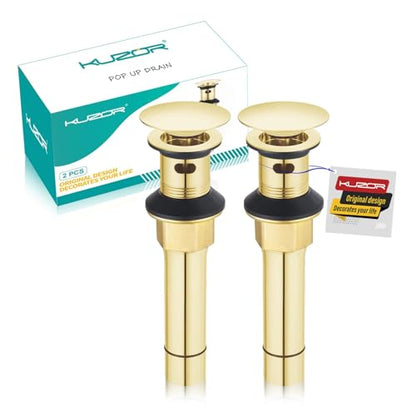 Brushed Gold Pop Up Bathroom Sink Drain with Overflow, 2 Pack | 2-pack bathroom sink stoppers fit 1-5/8 to 2 in drain holes; 304 stainless steel for vanity and vessel sink drains - color: Gold, style: 2PCS