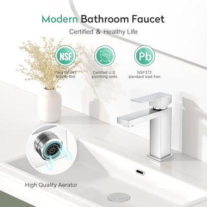Faustina Polished Chrome Bathroom Faucet, Single Handle Stainless Steel Bathroom Vanity Faucet with Metal Pop-Up Drain and Deck Plate for 1 or 3 Hole - color: Chrome, style: Classic