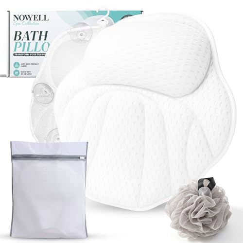 Bath Pillows for Tub, Complete Spa Set with Loofah & Wash Bag – Bathtub Pillow for Head and Neck and Back Support, 6 Strong Suction Cups, Quick-Dry 4D Air Mesh, Gift-Ready