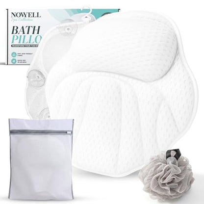 Bath Pillows for Tub, Complete Spa Set with Loofah & Wash Bag – Bathtub Pillow for Head and Neck and Back Support, 6 Strong Suction Cups, Quick-Dry 4D Air Mesh, Gift-Ready