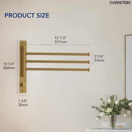Swivel Towel Rack, Brushed Gold, 12.5 in, 3-Arm Towel Bar | 304 Stainless Steel, Space Saving, Wall Mounted, With Hook - color: Brushed Gold