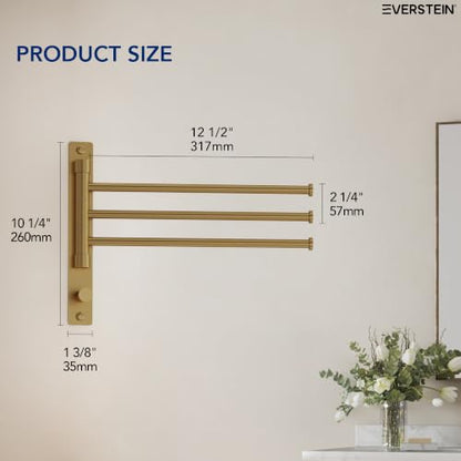 Swivel Towel Rack, Brushed Gold, 12.5 in, 3-Arm Towel Bar | 304 Stainless Steel, Space Saving, Wall Mounted, With Hook - color: Brushed Gold