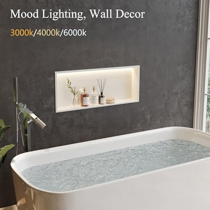 30"x12"White LED Shower Niche,3 CCT Dimmable Light, No Tile Needed | 304 Stainless Steel Bathroom Niche w/ Light(3000K/4000K/6000K), IP66 Waterproof, Space Saving & Durable ,LED Driver Included - color: White, size: 30X12In