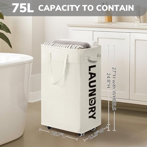 Goodpick 75L Hamper with Wheels & Wash Bag, College Dorm Room Essentials | Clothes Hamper with Removable Wash Bag for Laundry Room, Large Rolling Laundry Basket with Handles, White - color: White 1-Pack