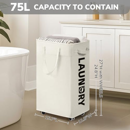 Goodpick 75L Hamper with Wheels & Wash Bag, College Dorm Room Essentials | Clothes Hamper with Removable Wash Bag for Laundry Room, Large Rolling Laundry Basket with Handles, White - color: White 1-Pack