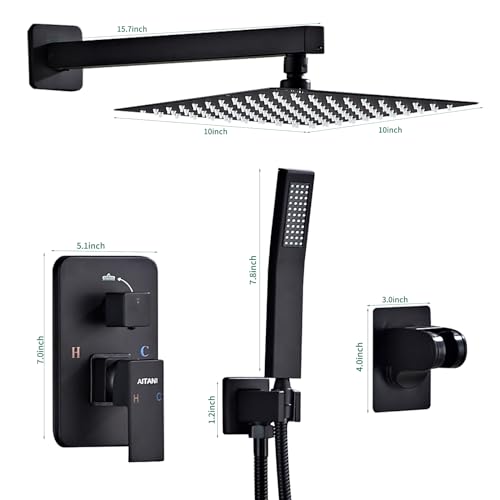 Shower System Black -10 Inch High Pressure Rain Shower Heads with Handheld Spray Combo Shower Faucet Set with Pressure Balanced Rough-in Valve, Wall Mount Bathroom Shower Set fit All Valve Types - style: 10inch