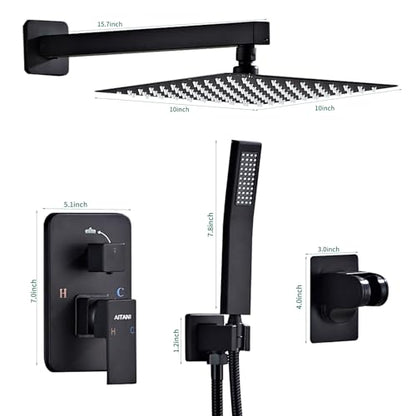 Shower System Black -10 Inch High Pressure Rain Shower Heads with Handheld Spray Combo Shower Faucet Set with Pressure Balanced Rough-in Valve, Wall Mount Bathroom Shower Set fit All Valve Types - style: 10inch