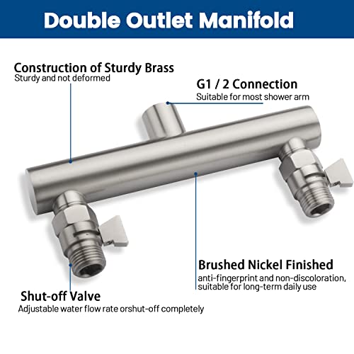 Dual Shower Head Manifold with Brass Shut Off Valve for Double Shower System 2 Fixed Shower Head Manifold, Brushed Nickel - color: Brushed Nickel