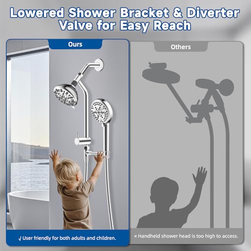 All Metal Dual Shower Head Easy Reach, High Pressure 10-Spray Handheld & Rainfall Shower Head Combo with Shower Extension Arm, 71" Hose, 3-way Diverter, Brass Shower Bracket, Chrome - color: Chrome, style: 5" Showerhead