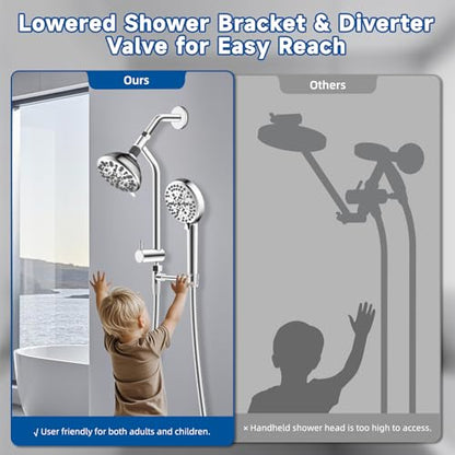 All Metal Dual Shower Head Easy Reach, High Pressure 10-Spray Handheld & Rainfall Shower Head Combo with Shower Extension Arm, 71" Hose, 3-way Diverter, Brass Shower Bracket, Chrome - color: Chrome, style: 5" Showerhead