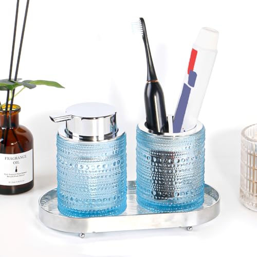 Blue Bathroom Accessory Sets, Glass Toothbrush Holder and Soap Dispenser for Bathrooms, Foaming Hand Soap Dispenser, Toothbrush and Toothpaste Cup Holder, Soap and Toothbrush Holder Set - color: Blue