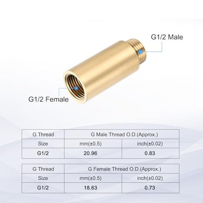 Shower Head Extension Arm, Brass G1/2 Male to Female Thread 50mm/1.97" Length Extender Pipe Fitting Nipple for Showers, Faucets, and Plumbing with PTFE Thread Seal Tape 3 Pack - size: 50mm/1.97"