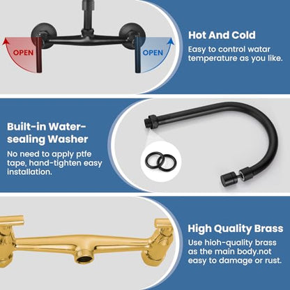 Airuida 8 Inch Center Matte Black Wall Mounted Kitchen Sink Faucet | 360° Degree Swivel Spout,Double Handle,Wall Mount Utility Sink Faucet - color: Matte Black