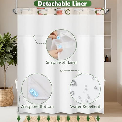 No Hook Shower Curtain with Liner, Floral Shower Curtain with Sheer Top Window and Weighted Hem, Summer Farmhouse Double Layers Waterproof Fabric Shower Curtains for Bathroom and Hotel, 71" W x 74" L - color: Lively Garden