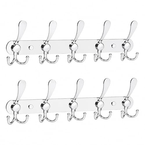 YUNISS Coat Rack Wall Mounted，5 Tri Stainless Steel Coat Hook for Coat Hat Robes Towel in Mudroom Entryway (Sliver, 2 Pack 5 Hook) - color: Sliver, size: 2 Pack 5 Hook