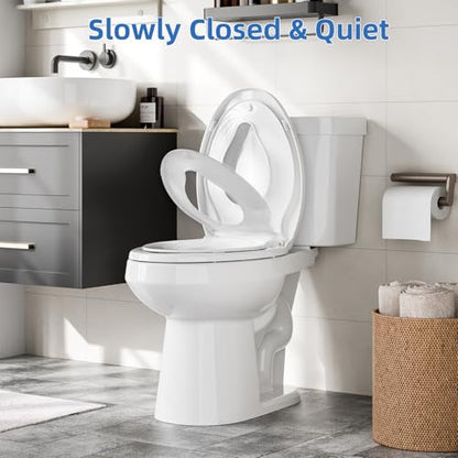 Toilet Seat with Toddler Seat, Elongated Toilet Seat, Quick-Release Structure Toilet Seat, Quick-Attach Hardware & Full Flat with Grip-Tight Bumpers, Quiet-Close Seat, White 19 in - size: elongated