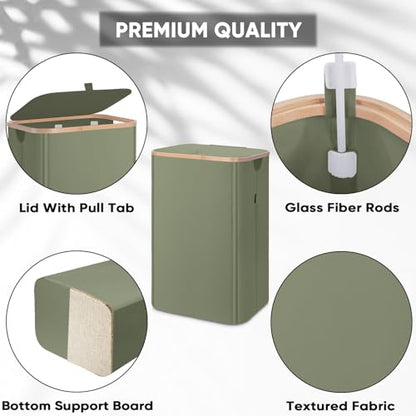BALEINE Laundry Hamper with Lid, Tall Laundry Baskets with Bamboo Pull Handles, Large Laundry Bin with Internal Support (26 Gal/100L, Green) - color: Green, size: 100 liters