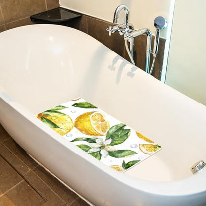 Bath Tub Mat Non Slip 15.1 x 26.8 Inch, Watercolor Seamless Pattern with Lemon and Leaves Eco Friendly Bathmat with Suction Cups Drain Holes Shower Tub Mats - color: Multi 06