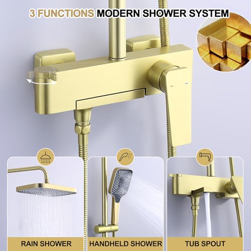Shower Systems with 12 x8 Inches Rain Shower Head,Brushed Gold Exposed Pipe Shower System,3 Functions Tub Shower Faucet Sets,Overhead Shower System with Handheld - color: A- Brushed Gold with Square Shower Head