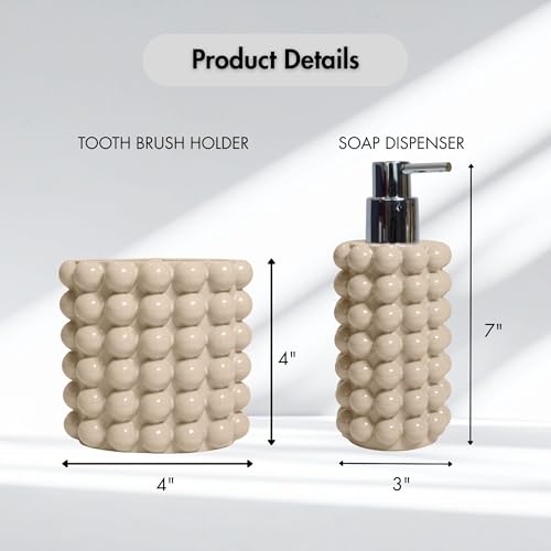 Better Trends 2-Piece Bathroom Accessory Set 400mL Refillable Soap Dispenser with Rustproof Pump 2-Slot Toothbrush for Vanity, Sink & Countertop Organization Sand Nova Collection - color: Sand