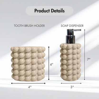 Better Trends 2-Piece Bathroom Accessory Set 400mL Refillable Soap Dispenser with Rustproof Pump 2-Slot Toothbrush for Vanity, Sink & Countertop Organization Sand Nova Collection - color: Sand