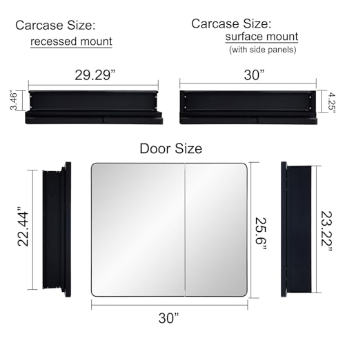Black Bathroom Mirror Medicine Cabinet with Round Corner Framed Door 30 x 25.6 inch, Recessed or Surface Mount, with Adjustable Glass Shelves - size: 30 x 25.6 inch