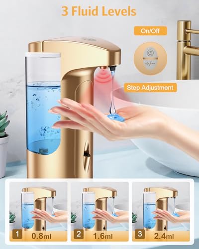 2 Pack Automatic Soap Dispenser for Bathroom Kitchen Home, Gold | 370ml Touchless Dish Soap Dispenser with Infrared Sensor, Battery Operated, 3 Dispensing Levels, Liquid Dispenser