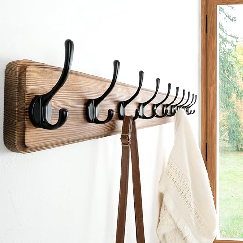 Wall Mounted Coat Rack: 38-1/4" Long, Patented, Heavy-Duty, 10-Double-Hooks Wooden Hanger Rail for Winter Coats, Hat, Jacket, Clothing - Natural & Black - color: Natural & Black, size: L=38.3"(1pcs)