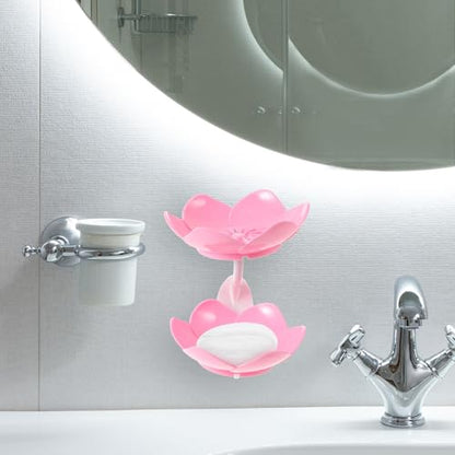 TOYANDONA Double Layer Lotus Soap Dish with Drain Pink Plastic Soap Holder Storage Rack for Bathroom Wall Mount No Drilling Suction Cup