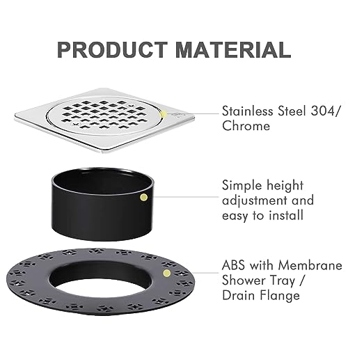 4 Inch Shower Floor Drain with Flange, Square Shower Drain Kit | SS304 Stainless Steel and ABS Material, Height Adjustment Collar and Ring - Chrome - color: Chrome