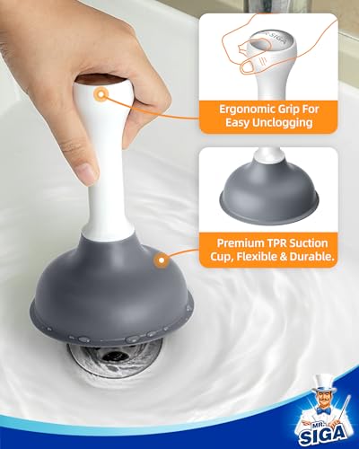 MR.SIGA Mini Drain Plunger, Sink Drain Plunger with Strong Suction | Compact design, powerful small plunger for bathroom and kitchen sinks, tubs, shower drains, 6.3inch/16cm tall, white & gray