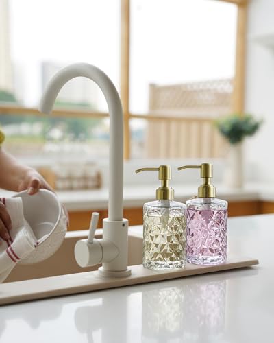 JASAI Diamond Design Glass Soap Dispenser with Golden Pump | Refillable Hand soap Dispenser for Kitchen, Soap Dispenser Bathroom for Soap, Hand soap, Dish Soap, Lotion. - color: Clearglass-golden Pump, style: Diamond