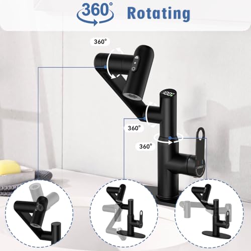 CHOMELY Single Hole Rotatable Bathroom Faucet with Temperature Display in Fahrenheit (Batteries-Free) 3 Water Modes 360 Degree Rotating Sink Faucet, Matte Black - color: Black