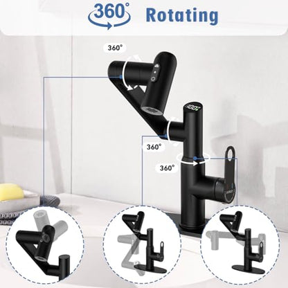 CHOMELY Single Hole Rotatable Bathroom Faucet with Temperature Display in Fahrenheit (Batteries-Free) 3 Water Modes 360 Degree Rotating Sink Faucet, Matte Black - color: Black