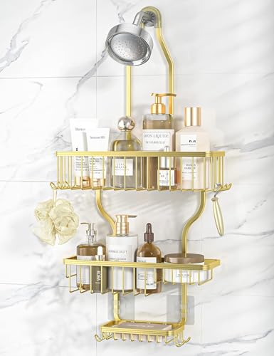 Never Rust Shower Caddy Hanging, Aluminum Shower Racks for Inside Shower, 3-Tier Shower Organizer Hanging Over Shower Head with Hooks and Soap Holder, Gold - color: Gold