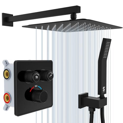 SR SUN RISE 100℉ Brushed Matte Black Shower System,12 Inch | Luxury Rainfall Shower Head,High-Pressure Handheld Shower,Soild Brass,Wall Mount,Valve and Trim Kit Included - color: Matte Black, style: 12"