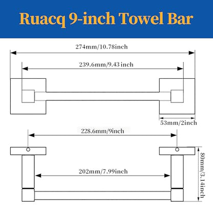 RUACQ Towel Bar, 9" Towel Racks for Bathroom Wall Mounted, Brushed Nickel | Hand Towel Holder, Total Length 10.8 Inch Single Towel Rod, 304 Stainless Steel, Rustproof, Square Base, Heavy Duty, Modern - color: Brushed Nickel, size: 9 inch(Center to Center)