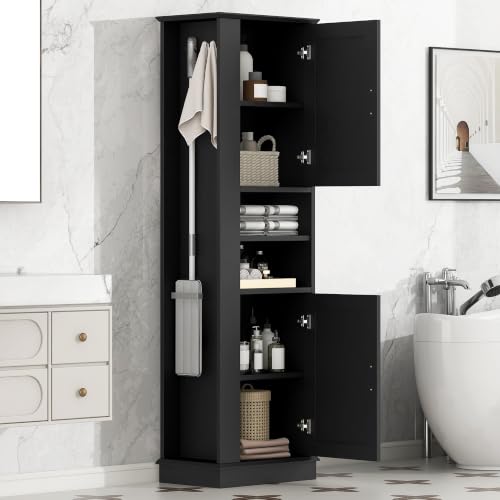 Tall Storage Cabinet, Bathroom Floor Freestanding Storage Cabinet with Open Shelf, Hook and Adjustable Shelf for Bathroom, Office, Living Room, Black - color: Black/Open Shelf