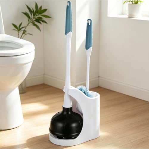 Space Saving Toilet Plunger & Brush Combo with Matching Storage Caddy, Heavy Duty Stain Resistant Bathroom Cleaning Kit for Small Bathroom Restroom Organizing
