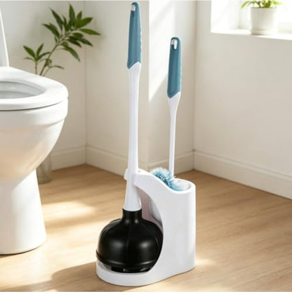Space Saving Toilet Plunger & Brush Combo with Matching Storage Caddy, Heavy Duty Stain Resistant Bathroom Cleaning Kit for Small Bathroom Restroom Organizing