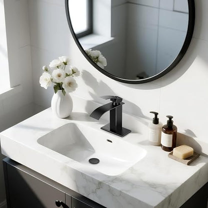 Matte Black Bathroom Faucets, Waterfall Bathroom Sink Faucet | Single Handle, Stainless Steel, Vanity Faucet with Deck Plate, Pop-up Drain, For 1 or 3 Hole, RV, Farmhouse - color: A-Black