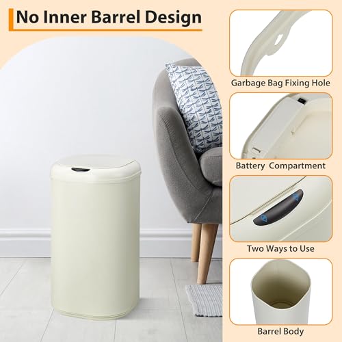 8 Gallon Touchless Motion Sensor Trash Can – Automatic Stainless Steel Waste Bin with Lid – 30l Cylindrical Smart Garbage Can for Kitchen, Bathroom, Living Room, Home Office – Beige