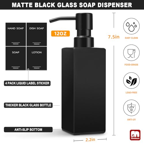 GMISUN Black Soap Dispenser, Hand Soap Dispenser Bathroom, 12oz Glass Soap Dispenser with Stainless Steel Pump, Liquid Dish Soap Dispenser for Kitchen, Modern Bathroom/Kitchen Soap Dispenser Set - color: Black Bottle + Black Pump