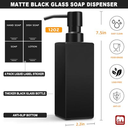 GMISUN Black Soap Dispenser, Hand Soap Dispenser Bathroom, 12oz Glass Soap Dispenser with Stainless Steel Pump, Liquid Dish Soap Dispenser for Kitchen, Modern Bathroom/Kitchen Soap Dispenser Set - color: Black Bottle + Black Pump