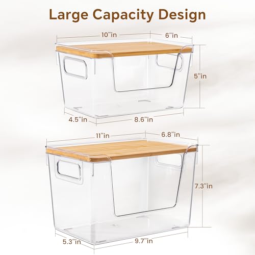 2 Large and 2 Small Pantry Organizers and Storage with Bamboo Lids, Stackable Clear Bins for Onion, Potato, Fruit, Vegetables, Trash Bag Dispenser, Kitchen and Under Sink Organizer - size: 4 Pack (2 Large + 2 Small)