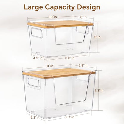 2 Large and 2 Small Pantry Organizers and Storage with Bamboo Lids, Stackable Clear Bins for Onion, Potato, Fruit, Vegetables, Trash Bag Dispenser, Kitchen and Under Sink Organizer - size: 4 Pack (2 Large + 2 Small)