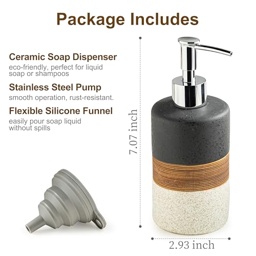 Dish Soap Dispenser Set with Silicone Funnel, Hand Soap, Shampoo, Body Wash, Ceramic Liquid Soap Dispenser for Kitchen and Bathroom Countertops, Stainless Steel Pump, Non Slip, 12 Oz, Black - color: Black and White, size: 1xSoap Dispenser